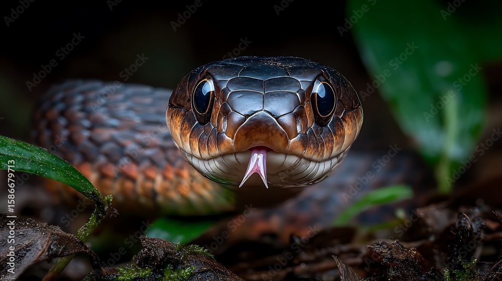 Obraz premium Elegant snake with tongue in dark forest wildlife scene 