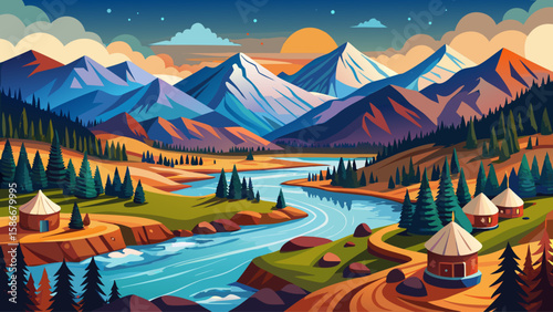 Karakol Valley, Issyk-Kul Region, Kyrgyzstan – Snowy peaks and pine forests surround the winding river. Traditional yurts dot the landscape, crafting a peaceful, rustic vector image rich with cultural