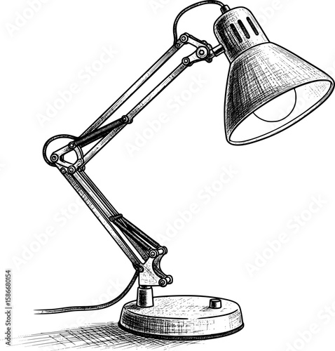 Desk lamp angled with joint and shade details, hand-drawn style