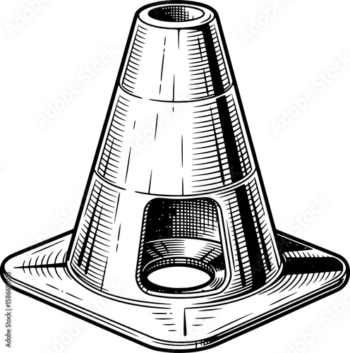 Sports cone marker with plastic shine and hollow base, hand-drawn style