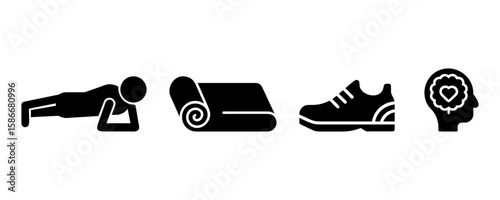 Vector set of black icons in silhouette style. Includes person in plank pose, yoga mat, sport shoes, and head with heart symbol. Represents mental and physical balance in fitness and wellness.