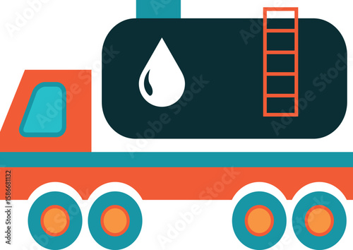 Flat Vector Oil Tanker Truck with Droplet Symbol and Ladder
