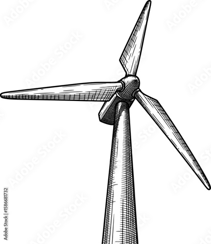 Wind turbine with three blades from low perspective, hand-drawn style