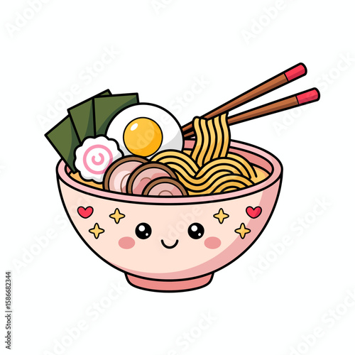 Whimsical Ramen Delights: A vibrant and playful illustration of a delicious bowl of ramen, filled with noodles, egg, and seaweed, with chopsticks. An ode to food that will ignite the senses!