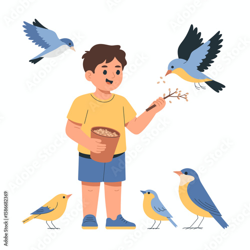 Boy Feeding Birds: A cheerful boy happily feeds a flock of colorful birds, fostering a connection with nature.