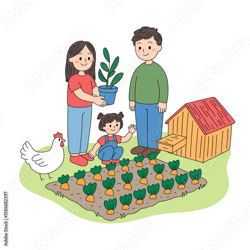 Gardening Family Harmony: A heartwarming illustration of a family engrossed in the joyful task of gardening, creating a harmonious scene of togetherness, growth, and a shared love for nature's bounty.