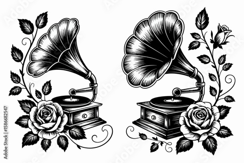 Vintage Gramophone and Rose: A detailed illustration showcases two vintage gramophones adorned with elegant roses, perfect for evoking a sense of nostalgia and classic design.