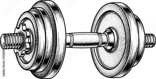 Classic dumbbell with metal texture and grip knurling, hand-drawn style
