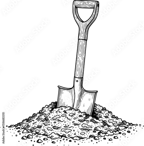 Garden shovel in compost-rich soil, hand-drawn style