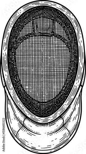 Fencing mask with mesh pattern and padding, hand-drawn style