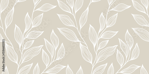 Vector Illustration Background Featuring Elegant Beige and White Leaf Outline Pattern with Seamless Design Suggesting Natural Sophistication and Minimalistic Aesthetics Suitable for Various Projects.