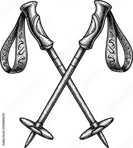 Crossed ski poles with engraved grips and pointed tips, hand-drawn style