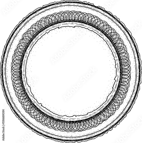 Circular stamp border with rough edge and grain texture, hand-drawn style