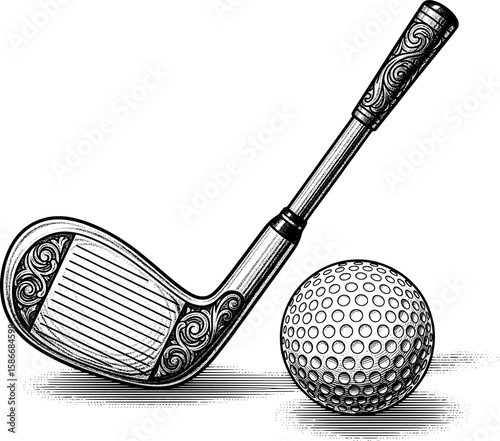 Angled golf club with dimpled ball and engraved details, hand-drawn style