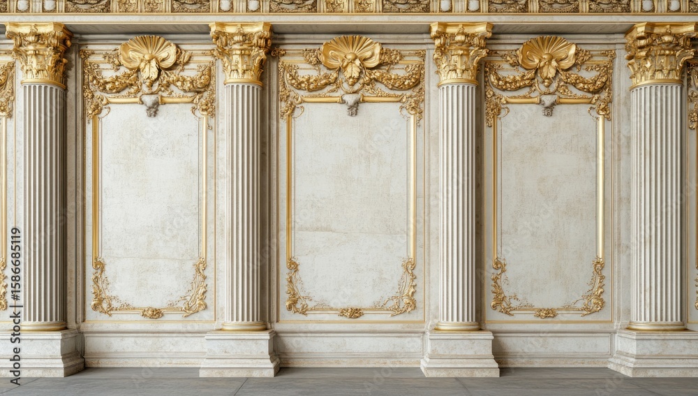 Naklejka premium Elegant Palace Wall with Golden Accents and Marble Columns