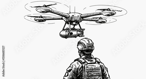 Ink sketch of a military drone carrying a bomb flying over a soldier - war scene black and white illustration, engraving or woodcut style, SVG
