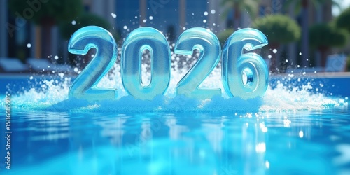 Vibrant 2026 numbers splash in a sparkling blue pool, symbolizing a refreshing new year, celebration, and joy.