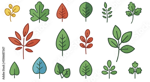 Set of colorful leaf icons with diverse shapes and natural designs