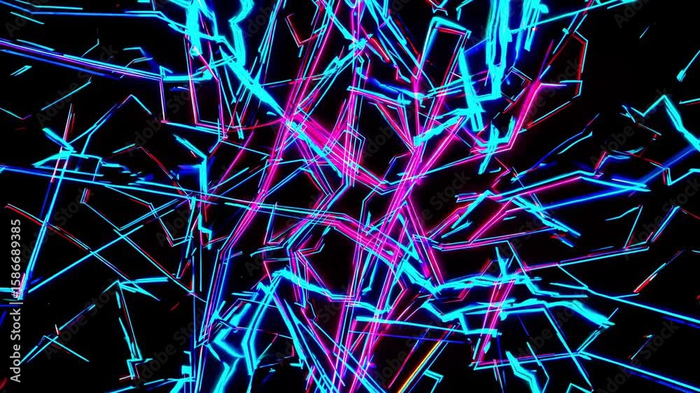 Intersecting neon lights in vibrant pink and blue hues form a complex network of geometric shapes against a dark backdrop, creating a dynamic and energetic visual experience