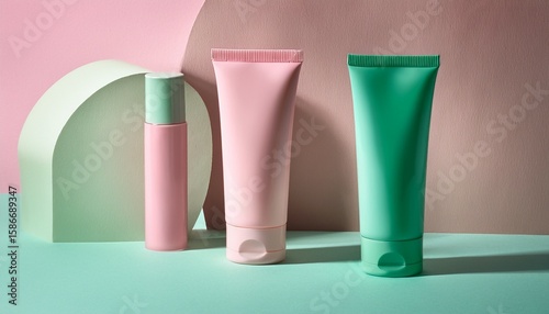 Wallpaper Mural pastel pink and green cosmetic tubes standing on light mint surface in minimalist studio Torontodigital.ca