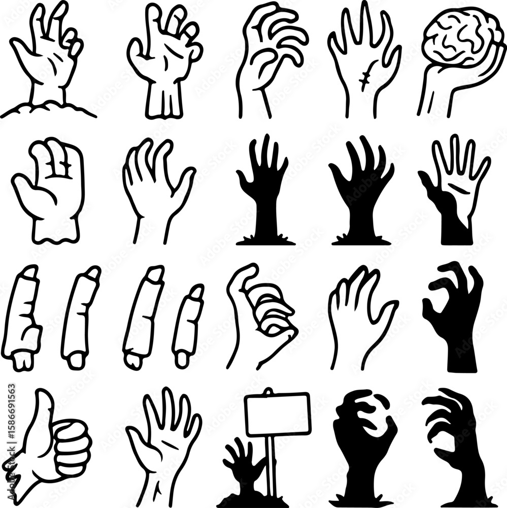 Fototapeta premium Collection of hand illustrations showing various poses and styles including zombie hands emerging from the ground and a brain held in a hand