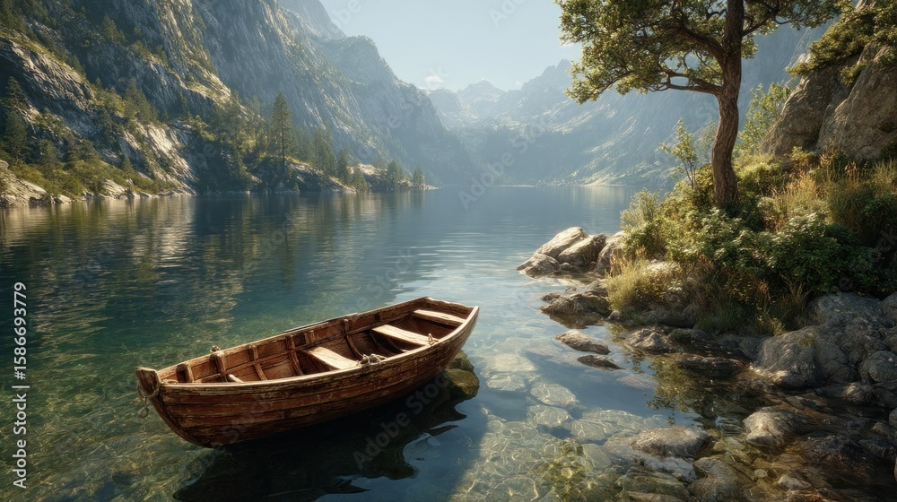 Obraz premium Serene Mountain Lake with Wooden Rowboat: A Tranquil Escape