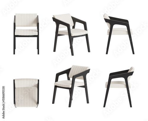 Set of six views of an armchair with black wooden legs and armrests, white boucle seat and back isolated on a transparent background. Front view, top view, two sides, and two perspectives. 3d render