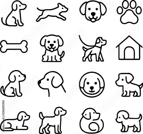 Collection of simple line art icons depicting various dog breeds and related elements like a dog house and bone on a white background