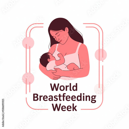 Modern pink banner for World Breastfeeding Week, line art mom nursing baby, curved frame vector design.
