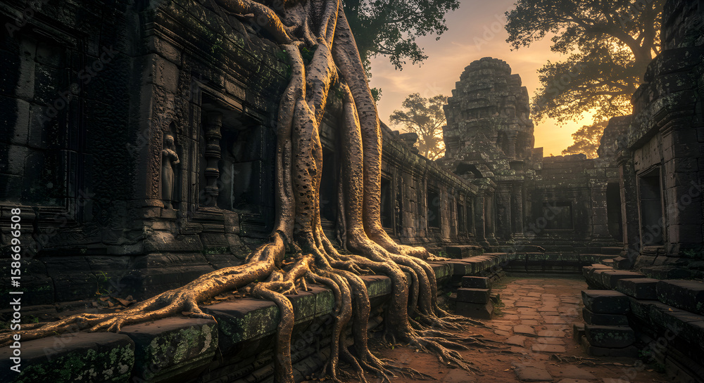 Obraz premium Ancient Temple Sunrise: Majestic Roots Embrace Stone