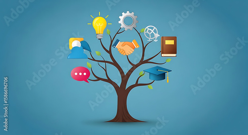 Knowledge tree blossoming with ideas, collaboration, education, and innovation.