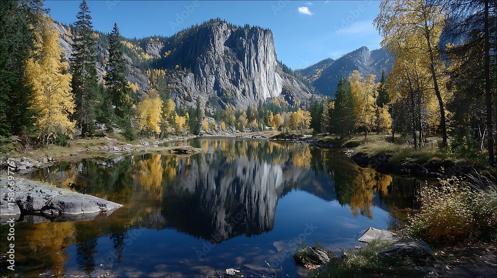 Obraz premium Elegant cliff reflecting in lake during autumn season 