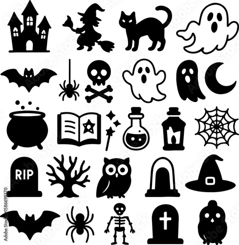 Collection of classic black and white halloween icons including a haunted castle witch black cat ghosts bats spiders skull cauldron spellbook potion bottles spiderweb tombstones bare tree owl and skel