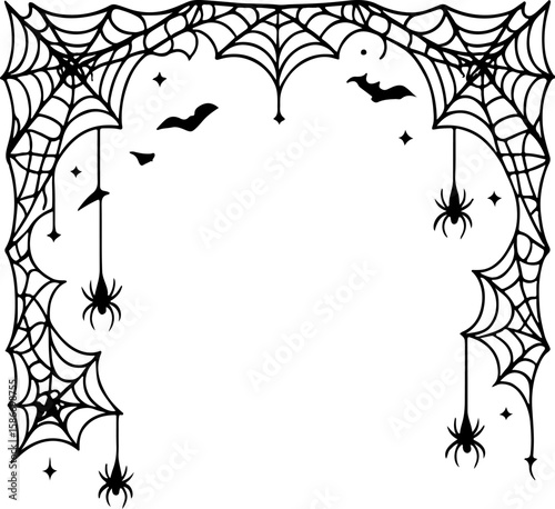 Spooky halloween archway design featuring intricate black spiderwebs with hanging spiders and silhouetted bats against a white background