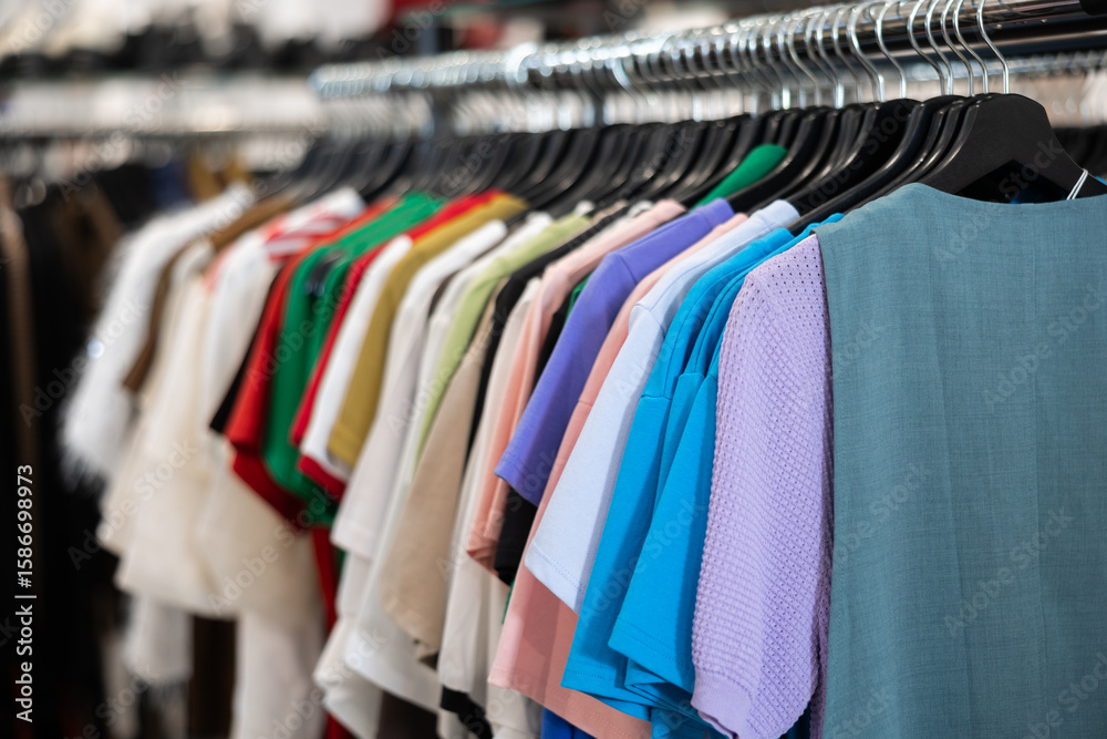 Obraz premium Variety of women's t-shirts and blouses hang on rack in clothing store