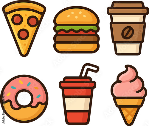 A collection of six popular fast food and snack icons including a slice of pepperoni pizza a cheeseburger coffee cup donut soda cup and ice cream cone