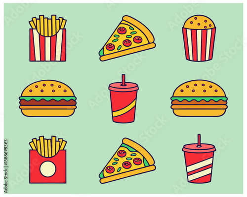 A vibrant collection of popular fast food icons including hamburgers pizza slices french fries and soda cups arranged in a grid pattern on a light green background