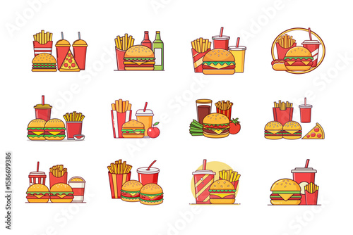 Collection of colorful flat design icons featuring popular fast food items like burgers french fries drinks and pizza slices arranged in various combinations