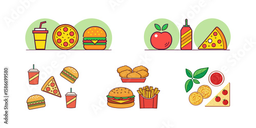 Collection of flat design illustrations featuring popular fast food items like pizza burgers fries and chicken nuggets alongside healthy options like apples and pasta