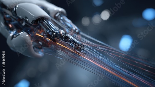 Advanced robotic arm skillfully manipulating pet microfilaments, infusing them with innovative sonic waves to enhance their fireresistant properties in a cutting edge materials science laboratory