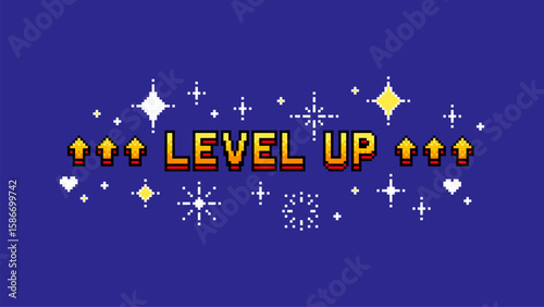 Pixel art game level up sign with golden text and red arrows. Retro video gaming concept for success.