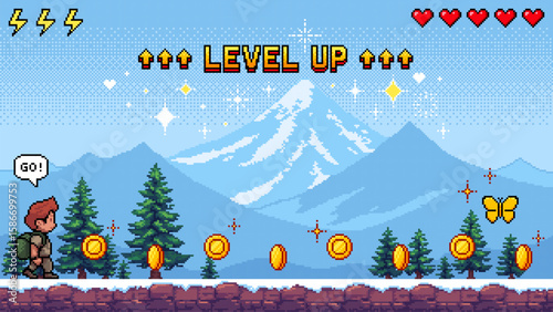 Pixel art game level vector with adventurer character and coins for retro gaming and app development.