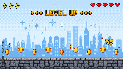 Retro pixel art game level vector showing a city skyline with coins and a butterfly, signifying level completion.