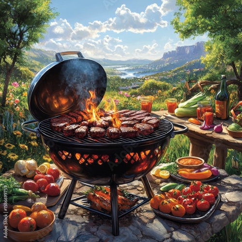 Close-up of baked meat with vegetables and spices. Barbecue
