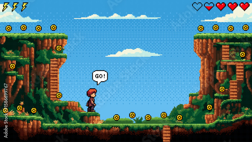 Pixel art game level with a man standing on a cliff. Fantasy adventure video game scene with coins, hearts, and lightning bolts on sky.