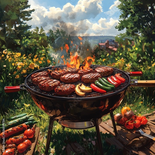 Close-up of baked meat with vegetables and spices. Barbecue