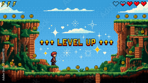 A boy stands on a cliff in a pixel art game level with "level up" text, conceptual vector for game design.