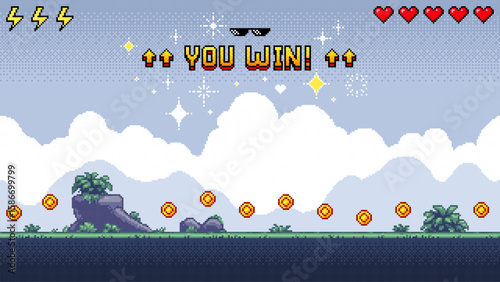 Pixel art game victory screen with "you win!" message above a landscape of coins and clouds for video game design.