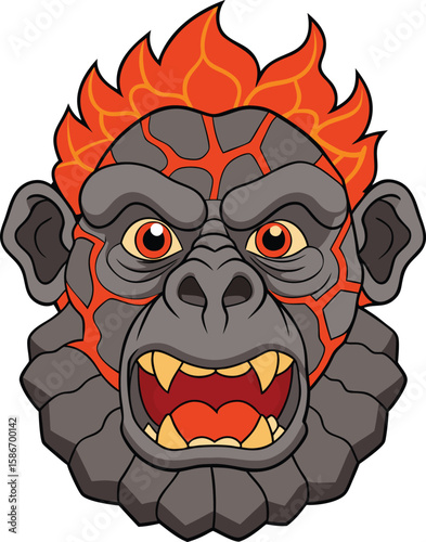Fierce lava gorilla with fiery mane and jagged fangs roaring