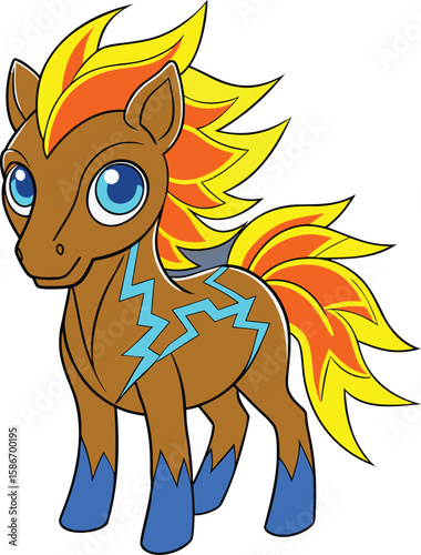 Cute cartoon brown horse with fiery mane and lightning bolt markings